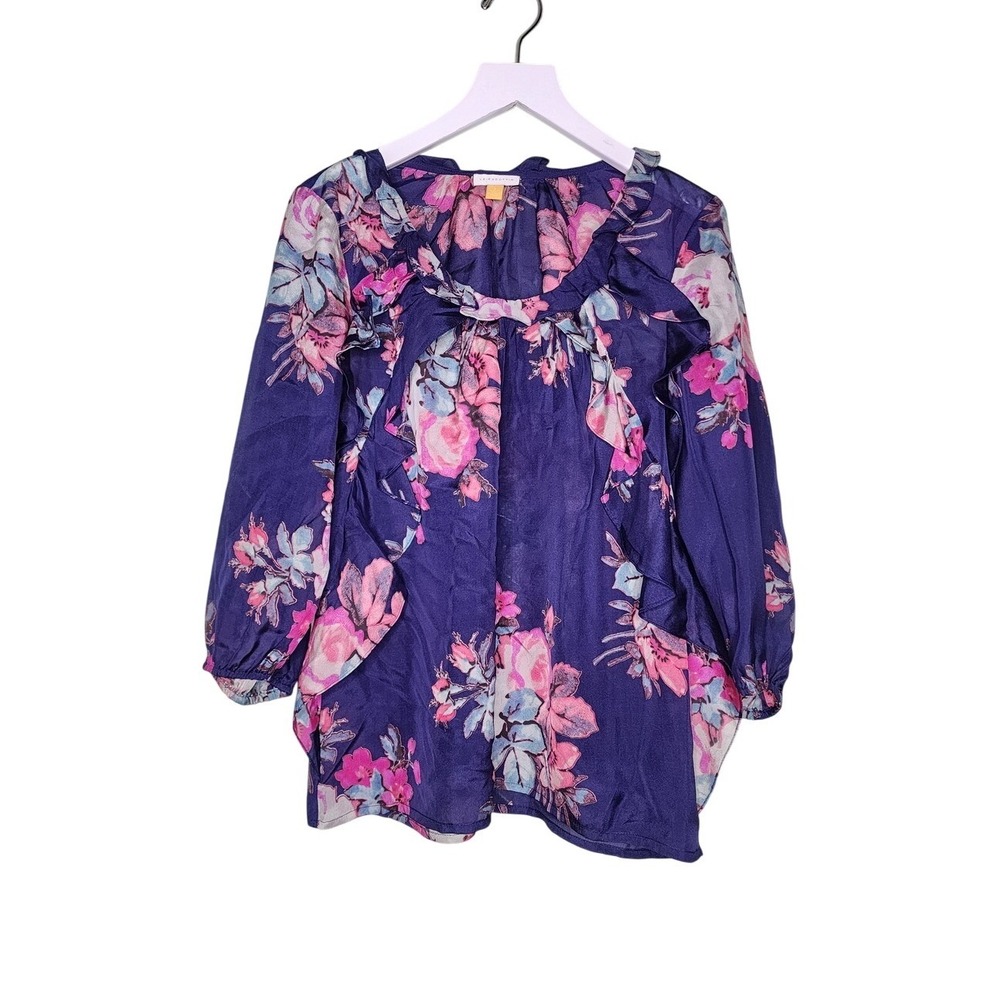 Anthropologie Leifsdottir Silk Top Floral Ruffle Navy Pink Cottage Boho Sheer 0